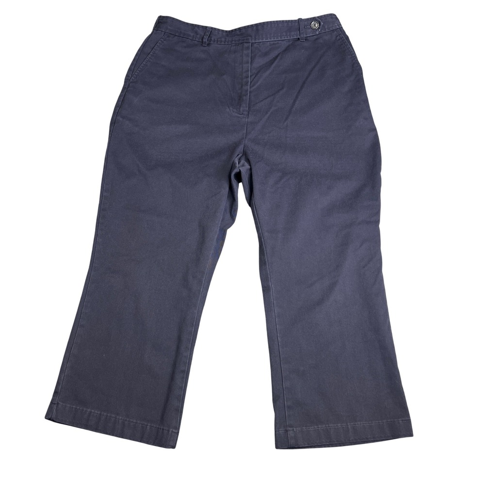 Lands End Womens Navy Blue Crop Chino Pants Size 14 Elastic Back Straight Leg